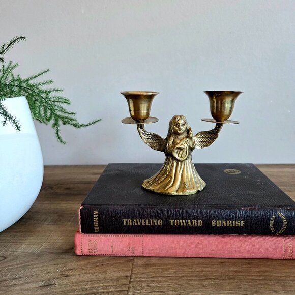 Vintage Brass Candleholder with Angel playing a lute. Christmas decor. - Picture 1 of 5